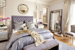 bedroom, lavender bedroom, round mirror, drapery